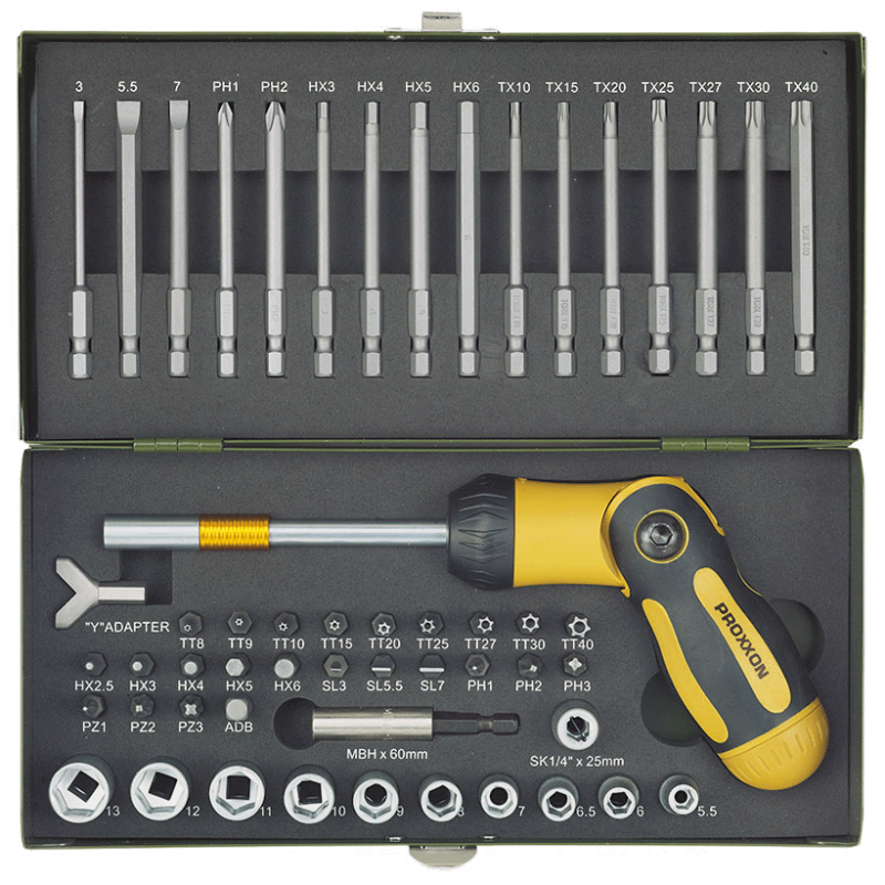 PROXXON Schraubersatz mit knickbarem Ratschen-Schraubendreher (54-teilig)